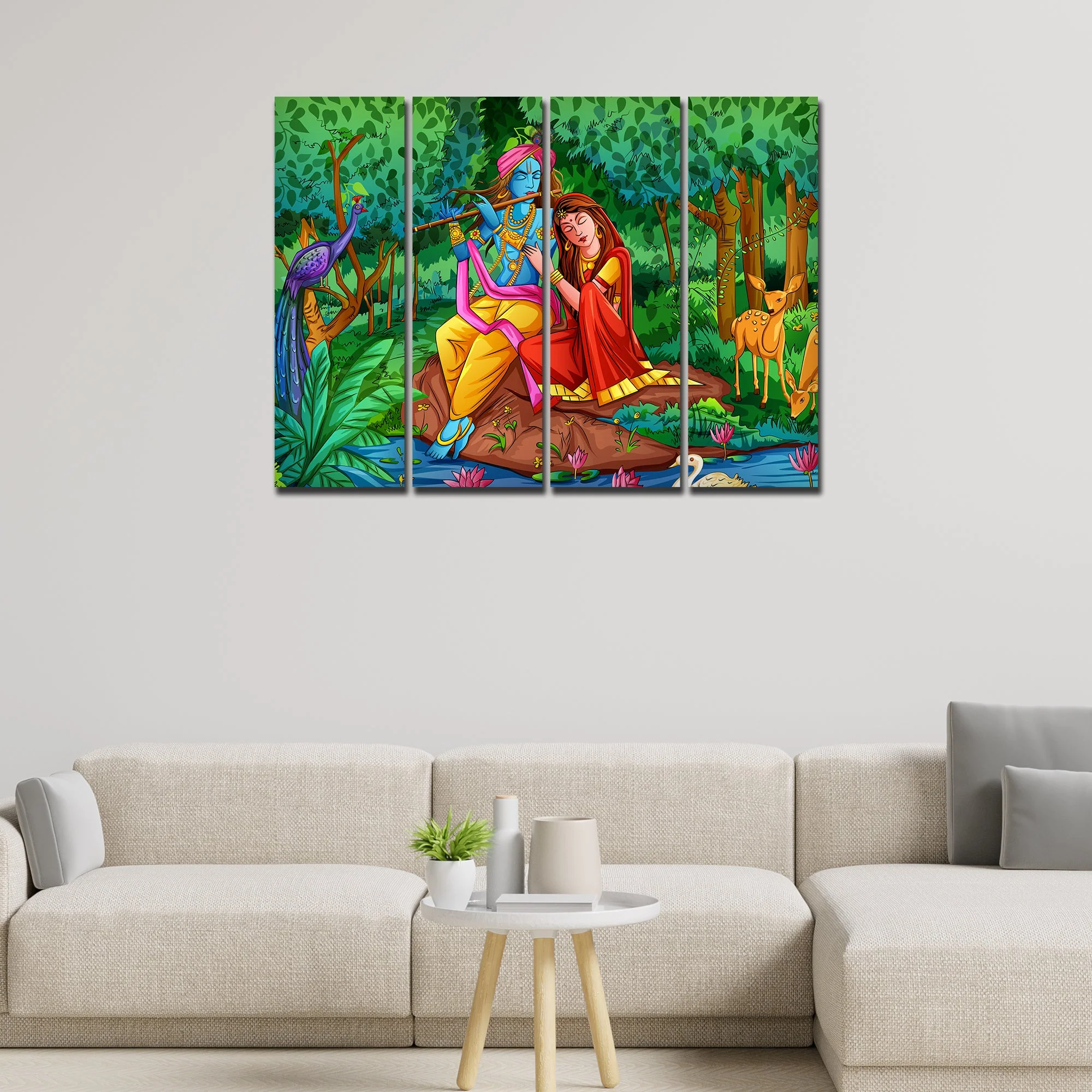 Lord Radha Krishna in Forest Wall Painting 4 Pieces - Image 2
