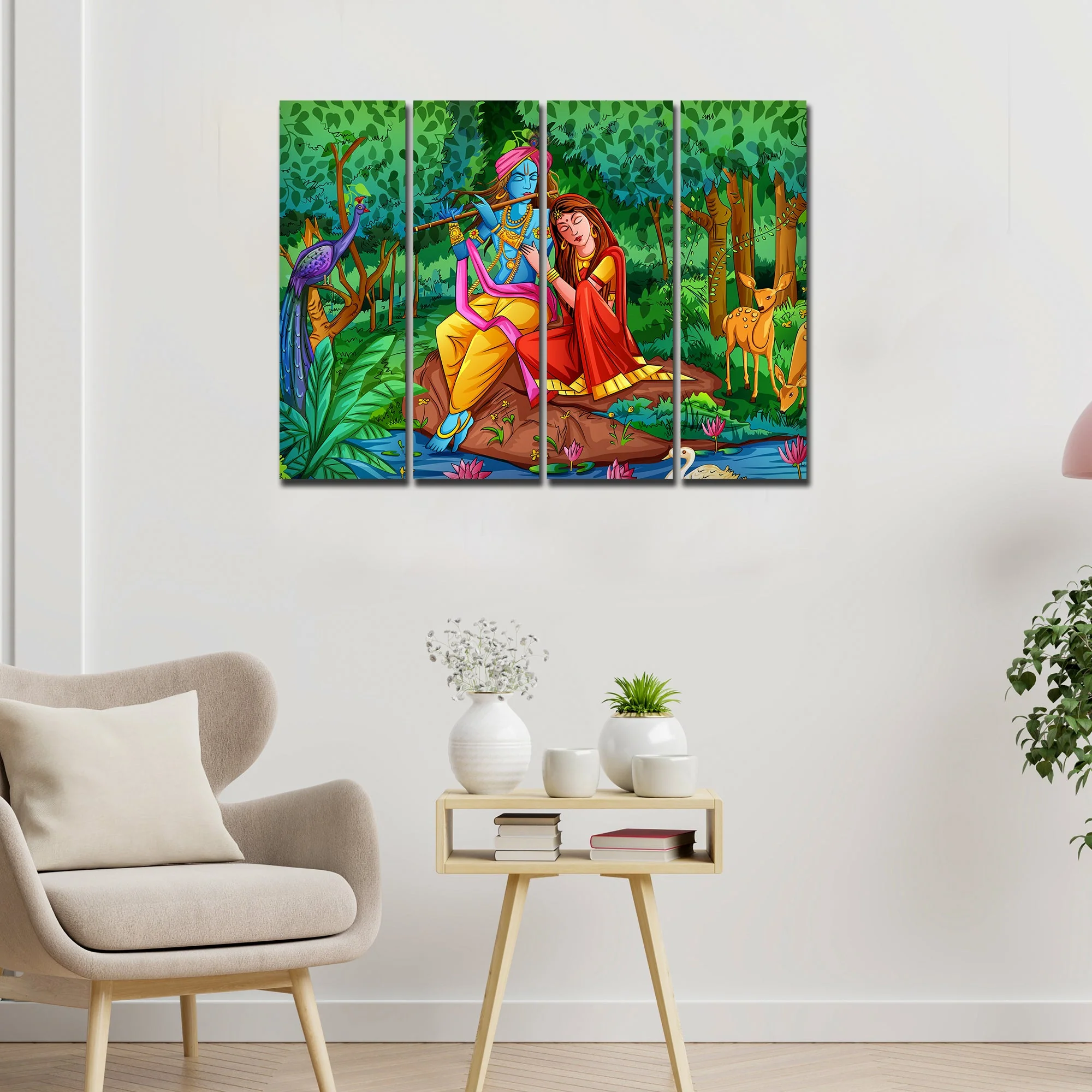 Lord Radha Krishna in Forest Wall Painting 4 Pieces - Image 3