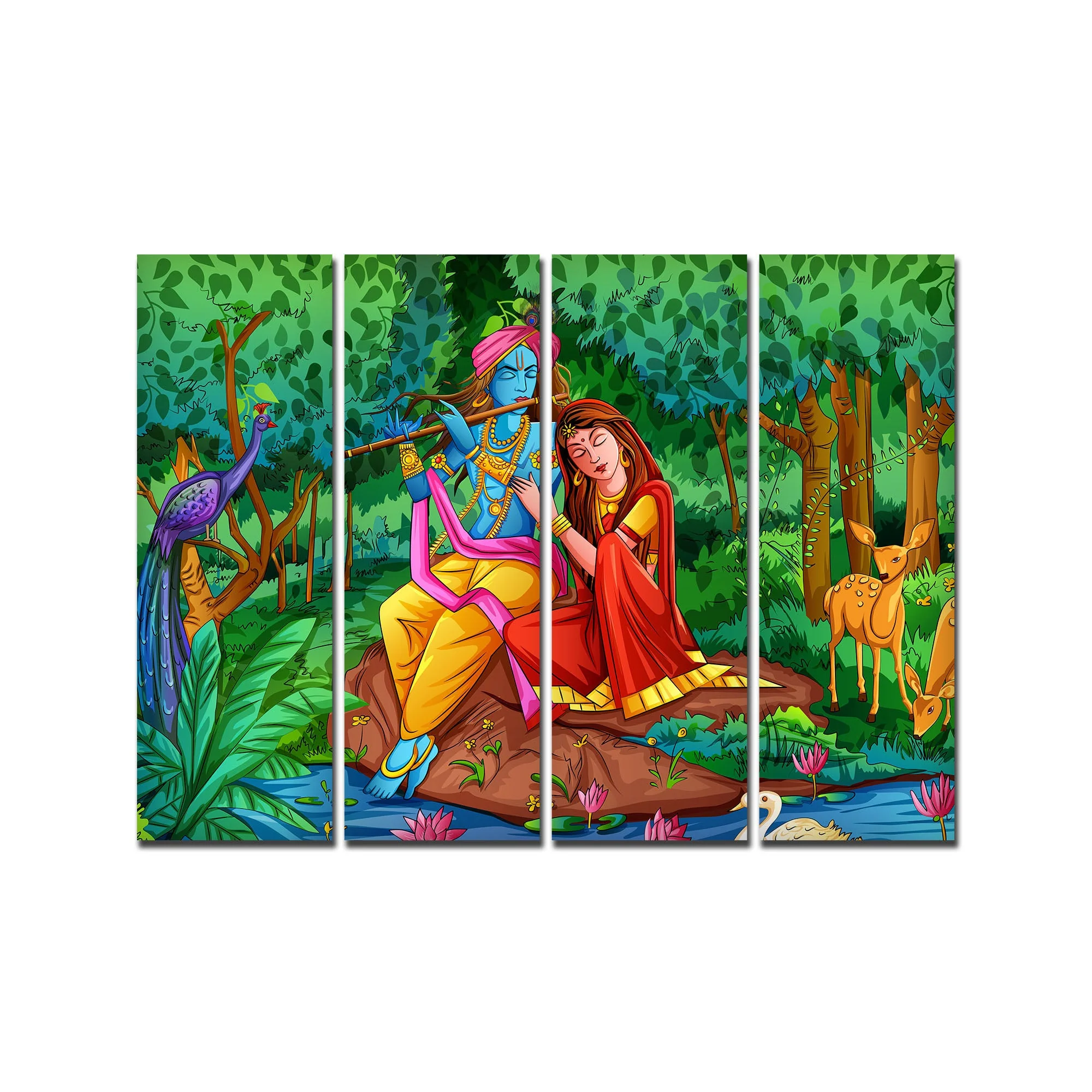 Lord Radha Krishna in Forest Wall Painting 4 Pieces - Image 4