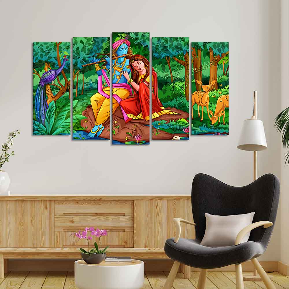 Lord Radha Krishna in Forest Wall Painting of Five Pieces - Image 2