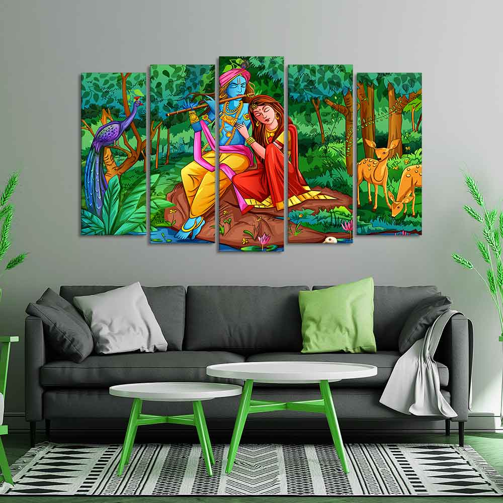 Lord Radha Krishna in Forest Wall Painting of Five Pieces - Image 3