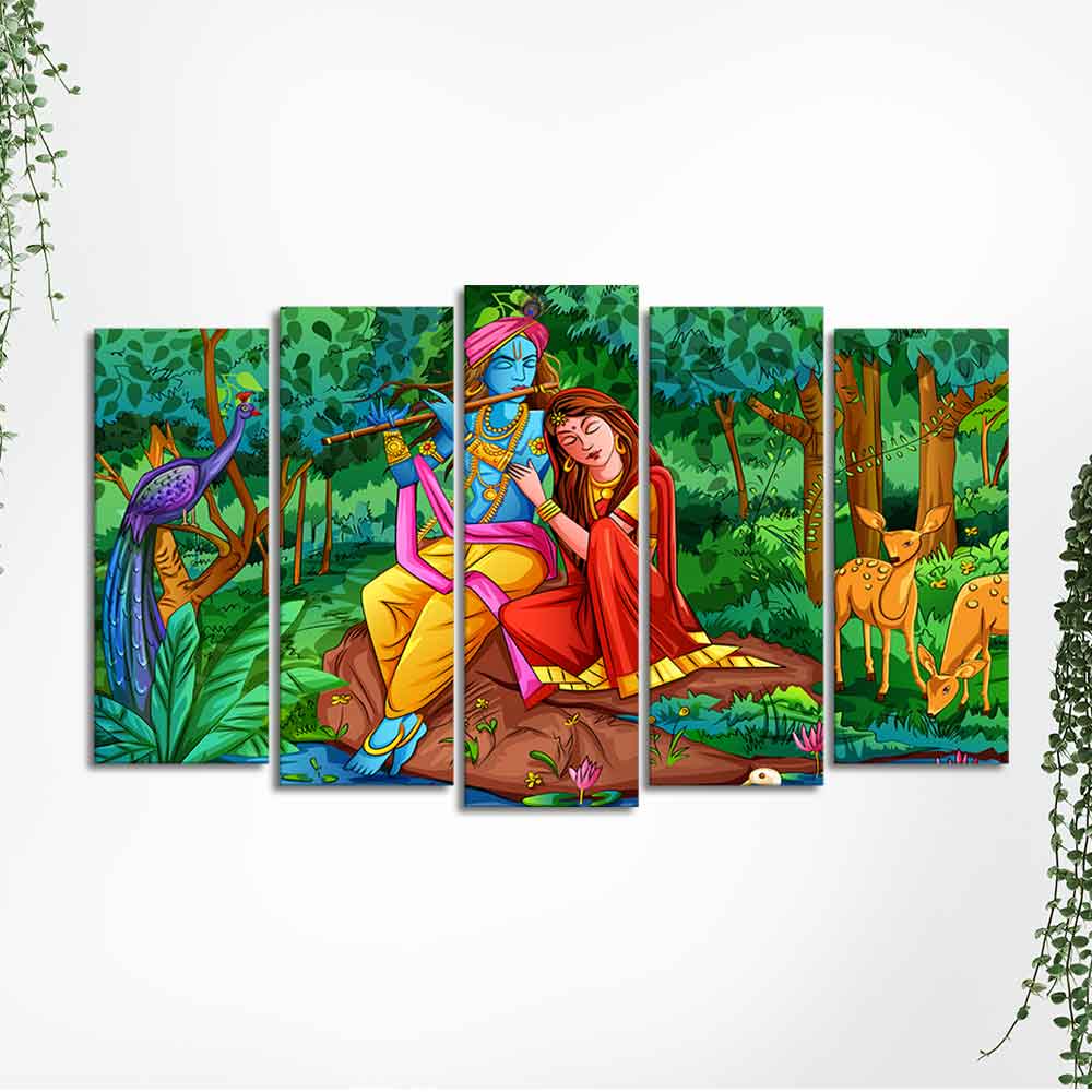 Lord Radha Krishna in Forest Wall Painting of Five Pieces - Image 4