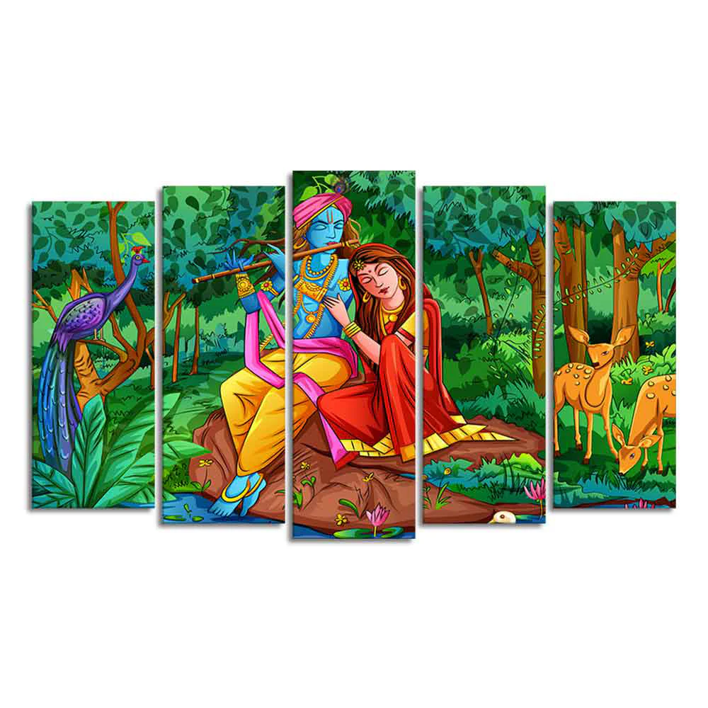 Lord Radha Krishna in Forest Wall Painting of Five Pieces - Image 5