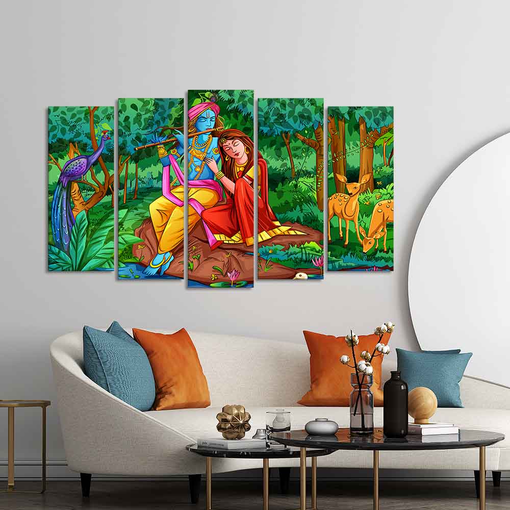 Lord Radha Krishna in Forest Wall Painting of Five Pieces - Image 3