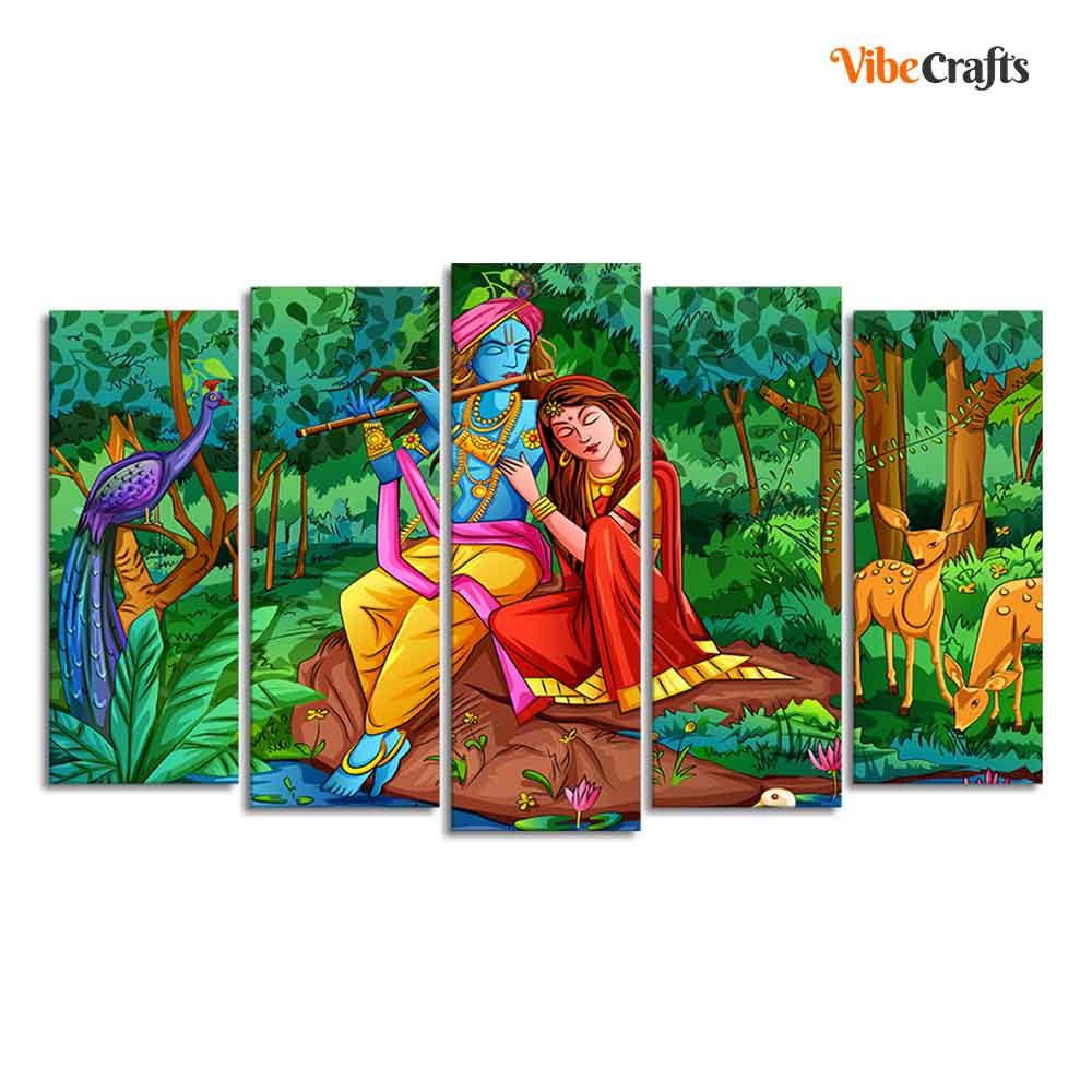 Lord Radha Krishna in Forest Wall Painting of Five Pieces - Image 4