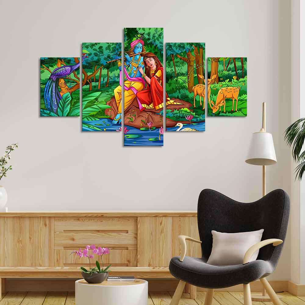 Lord Radha Krishna in Forest Wall Painting Set of Five - Image 2
