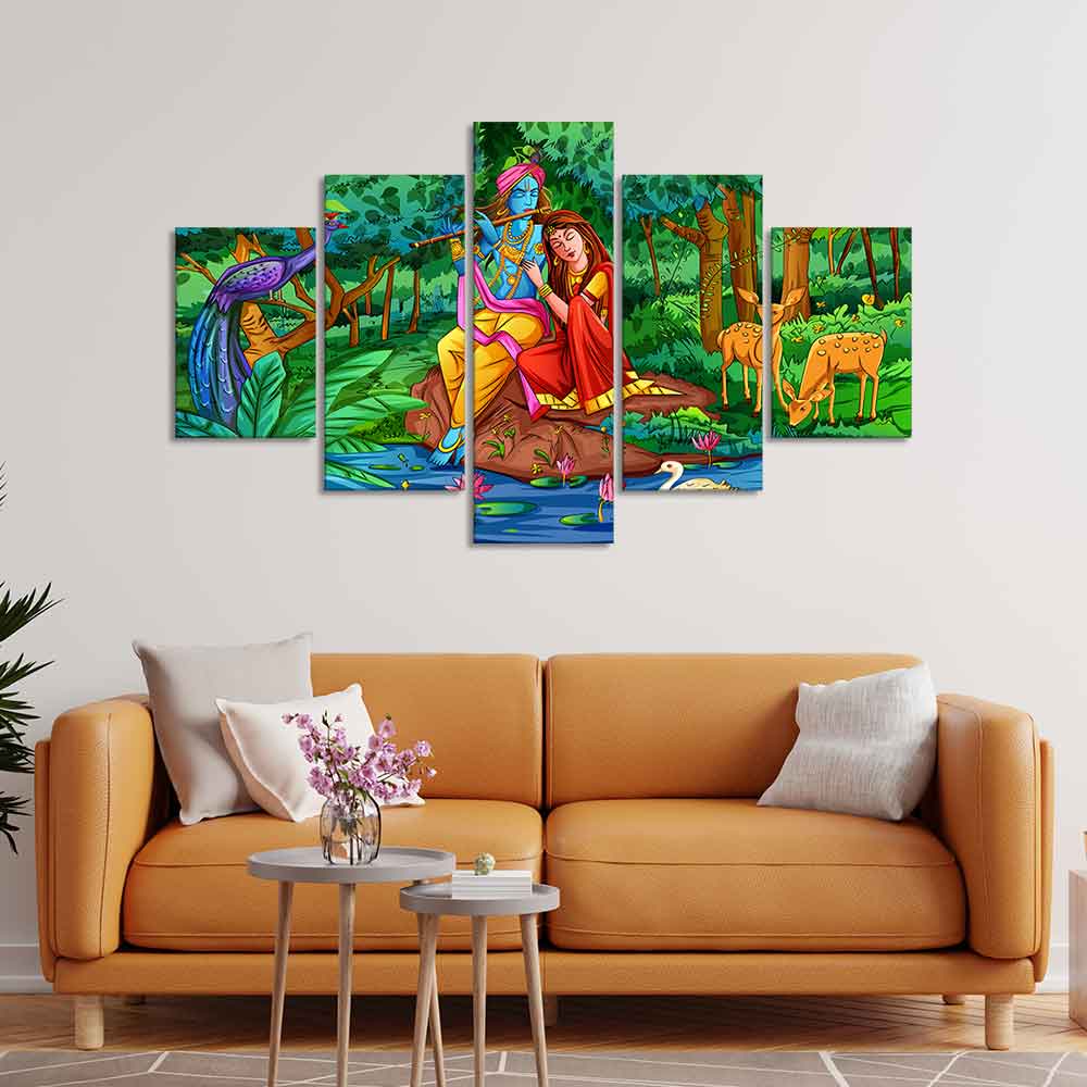 Lord Radha Krishna in Forest Wall Painting Set of Five - Image 3