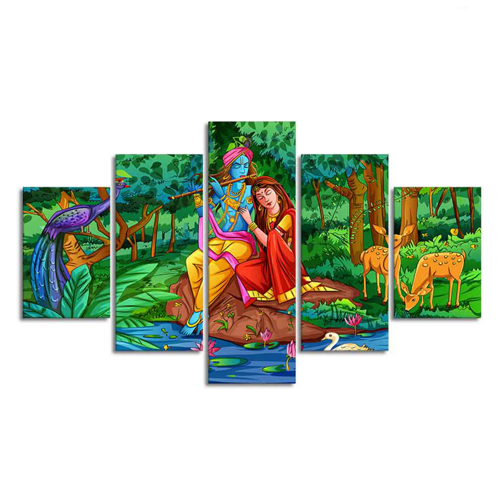 Lord Radha Krishna in Forest Wall Painting Set of Five - Image 4