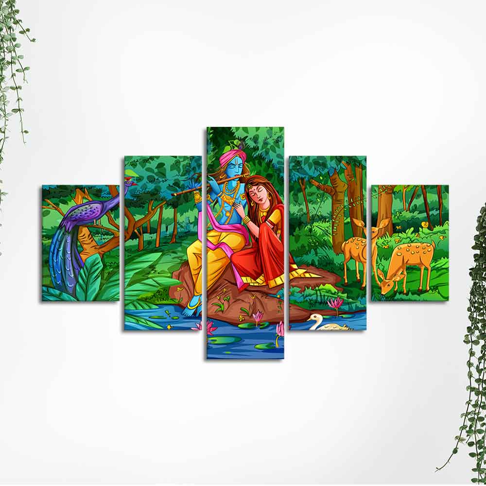 Lord Radha Krishna in Forest Wall Painting Set of Five - Image 5