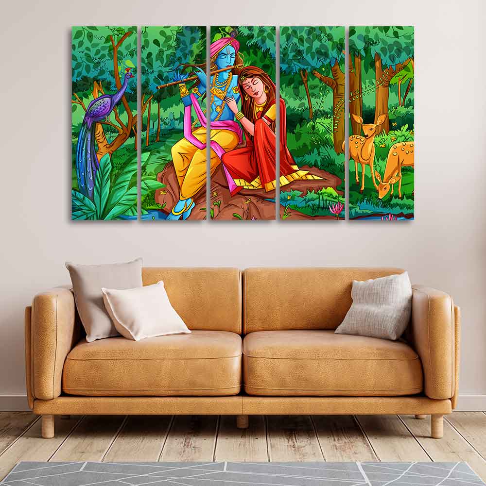 Lord Radha Krishna in Forest Wall Painting Set of Five Pieces - Image 2