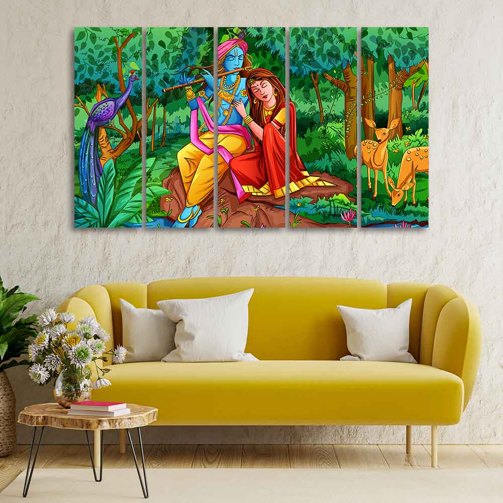 Lord Radha Krishna in Forest Wall Painting Set of Five Pieces - Image 3