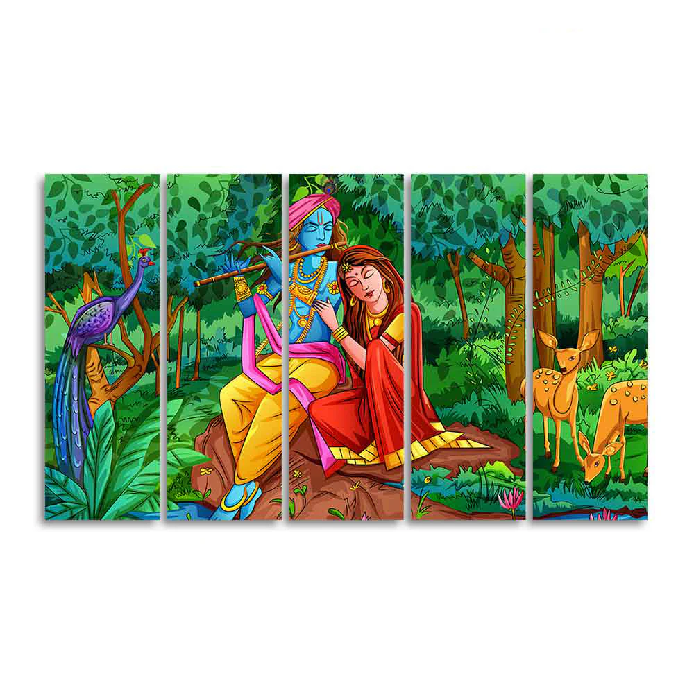 Lord Radha Krishna in Forest Wall Painting Set of Five Pieces - Image 4