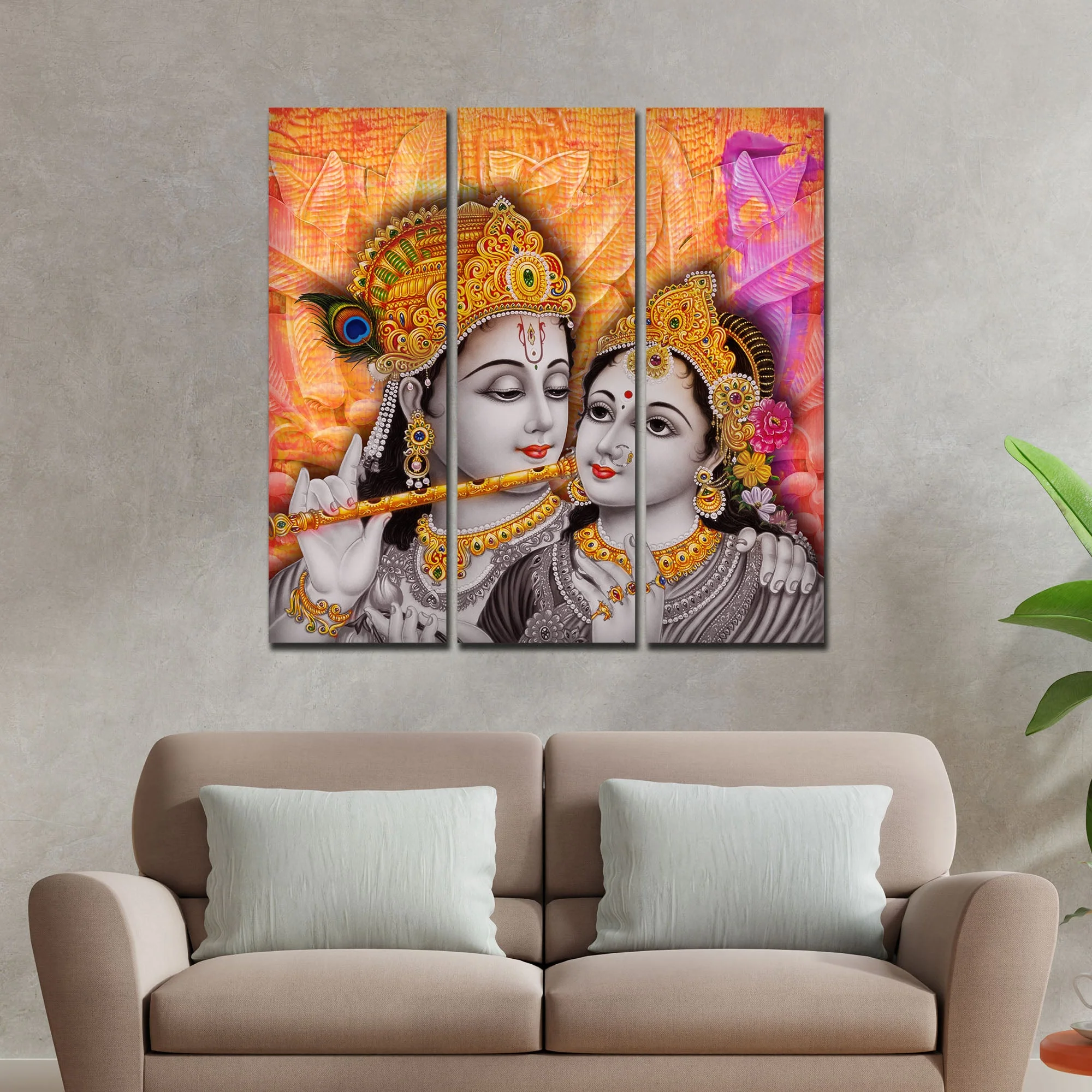Lord Radha Krishna Playing Flute Canvas Wall Painting 3 Panel Set - Image 2