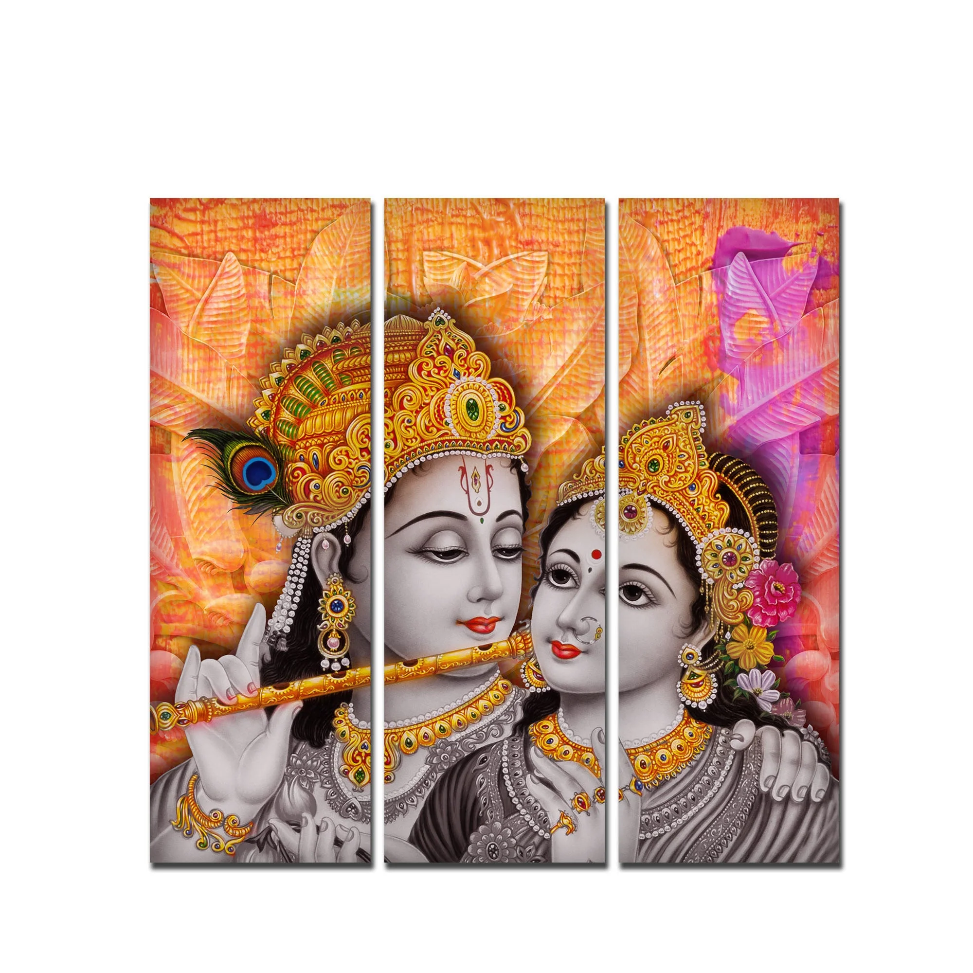 Lord Radha Krishna Playing Flute Canvas Wall Painting 3 Panel Set - Image 4