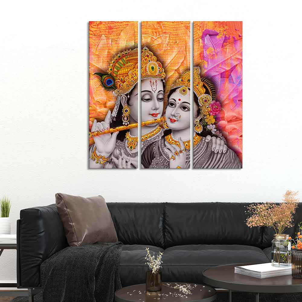 Lord Radha Krishna Playing Flute Canvas Wall Painting 3 Panel Set - Image 2