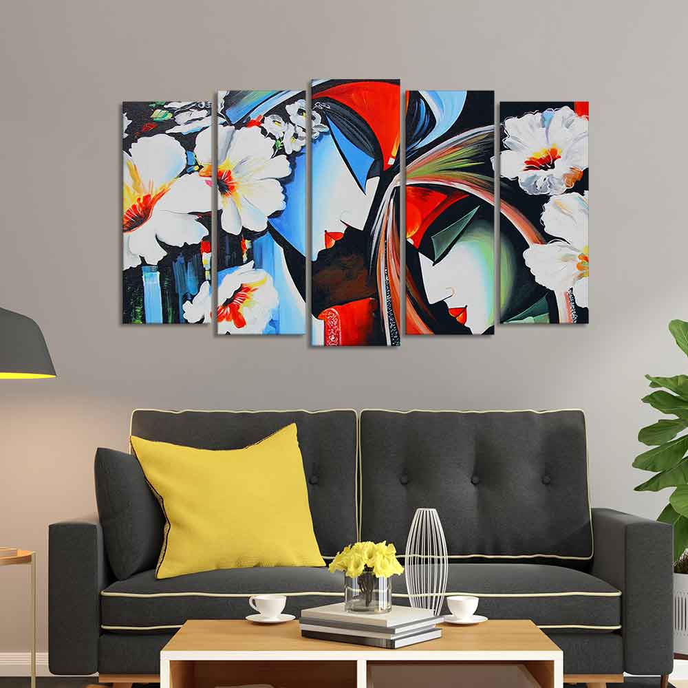 Lord Radha Krishna Wall Painting Set of Five Panels - Image 2