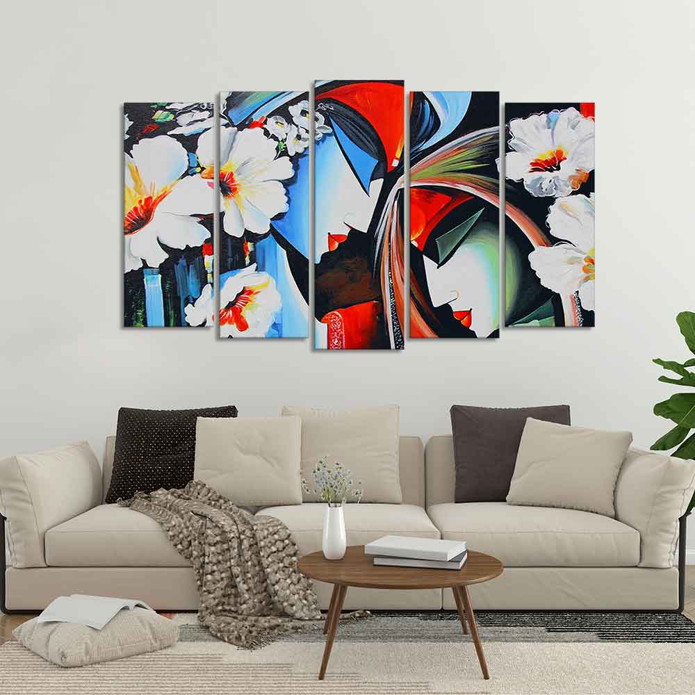 Lord Radha Krishna Wall Painting Set of Five Panels - Image 3