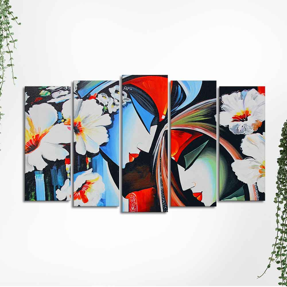 Lord Radha Krishna Wall Painting Set of Five Panels - Image 4