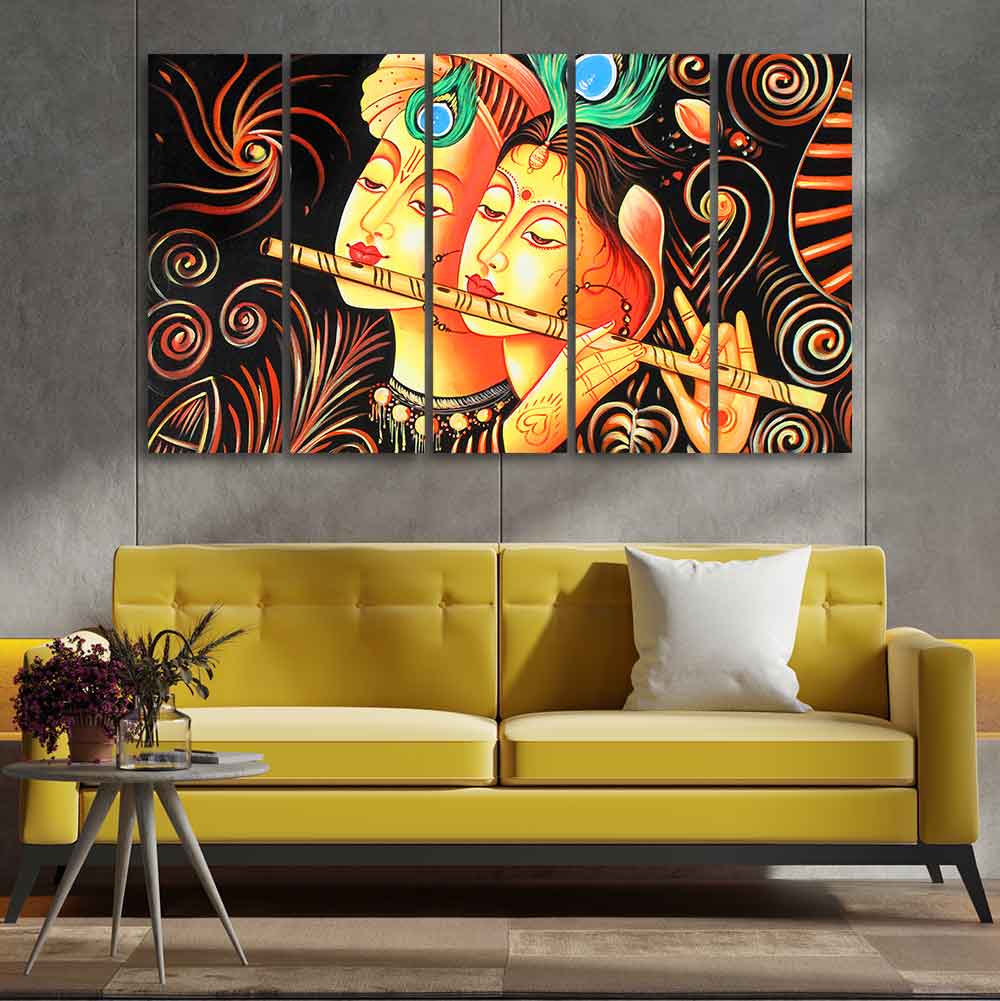Lord Radha Krishna with Flute Five Pieces Canvas Wall Painting - Image 2