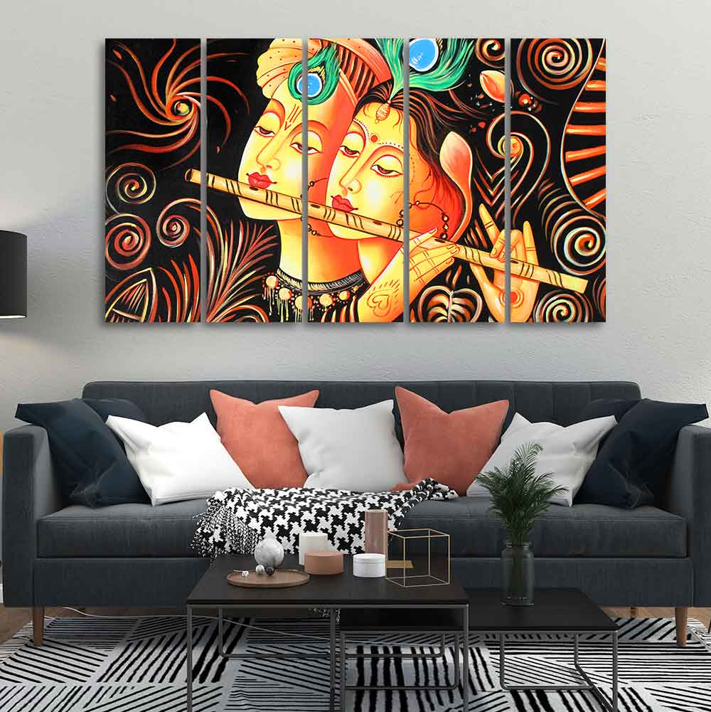 Lord Radha Krishna with Flute Five Pieces Canvas Wall Painting - Image 3