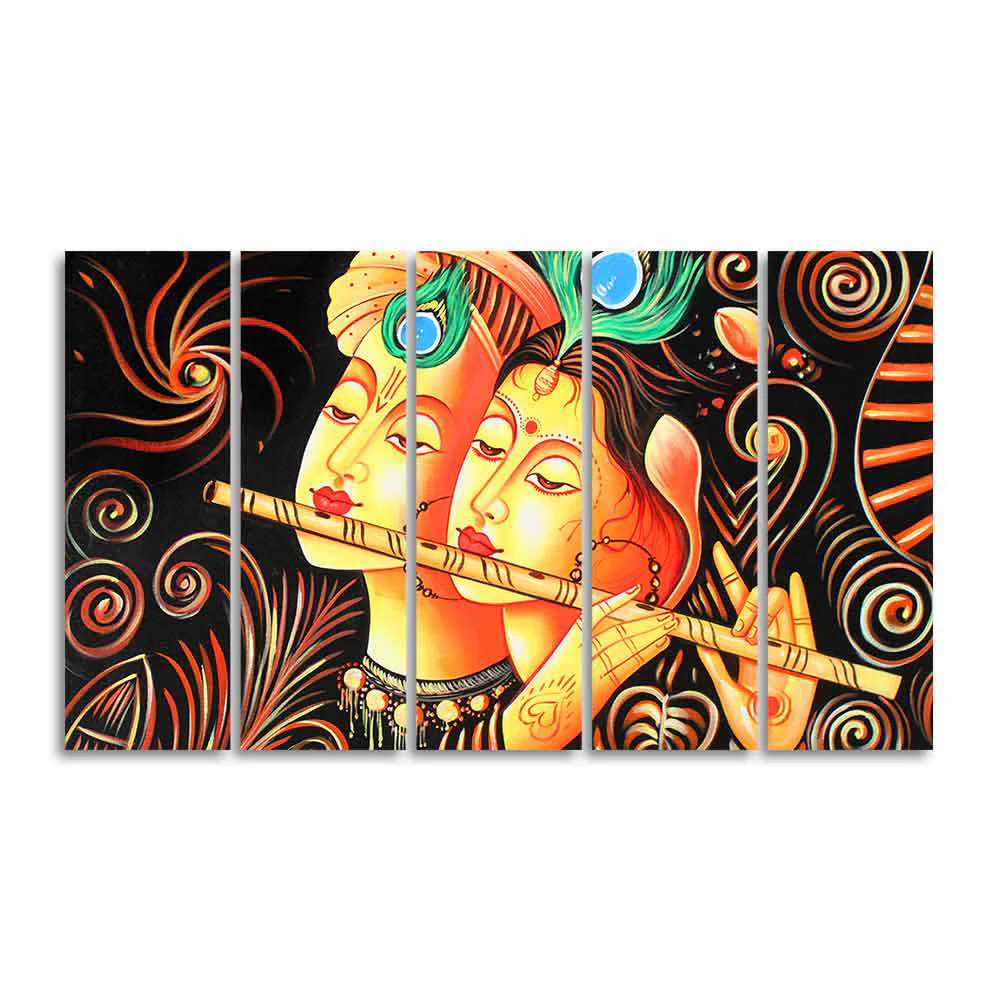 Lord Radha Krishna with Flute Five Pieces Canvas Wall Painting - Image 4