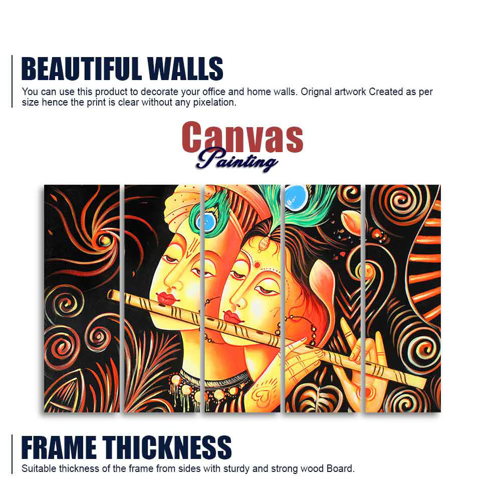 Lord Radha Krishna with Flute Five Pieces Canvas Wall Painting - Image 5
