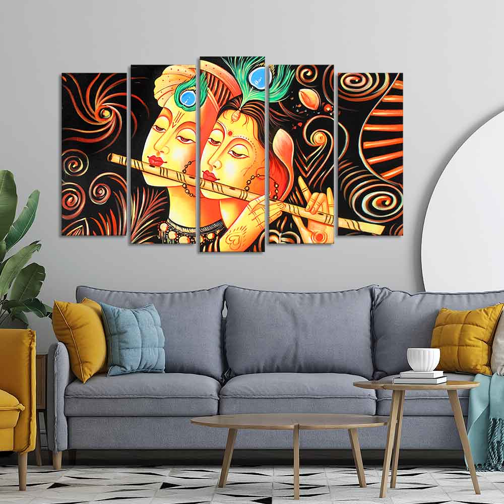 Lord Radha Krishna with Flute Set of Five Pieces Wall Painting - Image 2