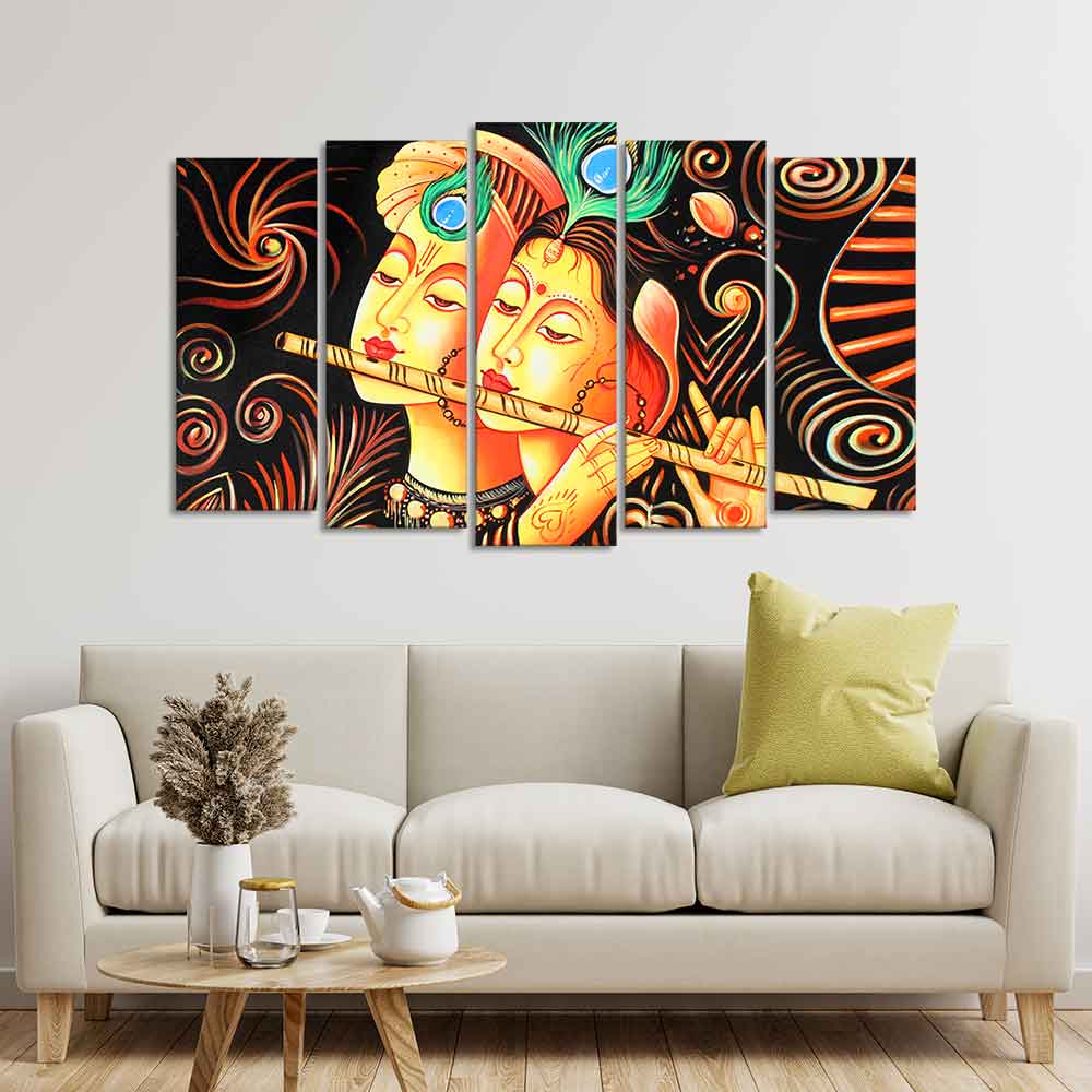 Lord Radha Krishna with Flute Set of Five Pieces Wall Painting - Image 3