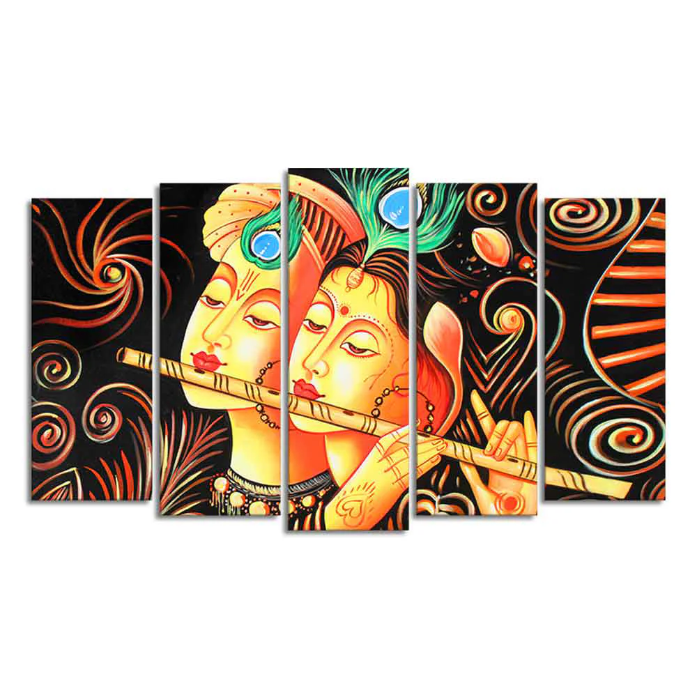 Lord Radha Krishna with Flute Set of Five Pieces Wall Painting - Image 4