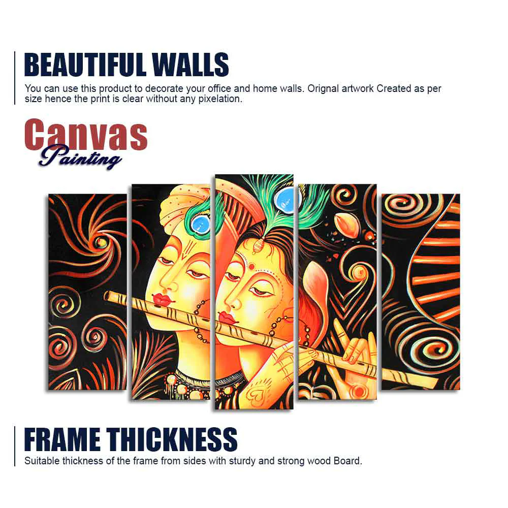Lord Radha Krishna with Flute Set of Five Pieces Wall Painting - Image 6