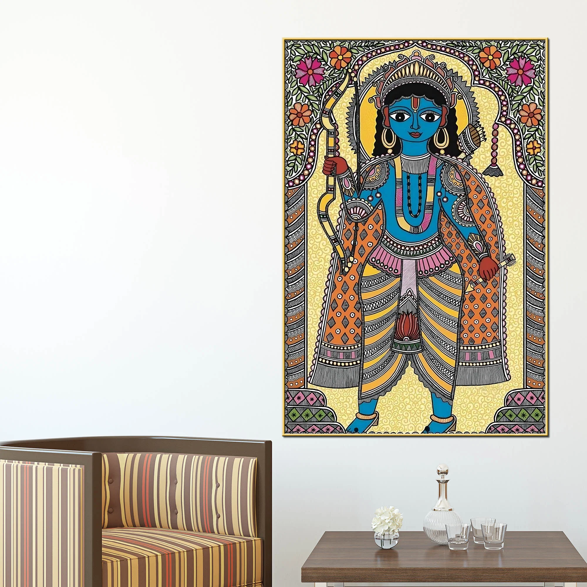 Lord Ram Madhubani Canvas Painting for Temple Style Wall Décor