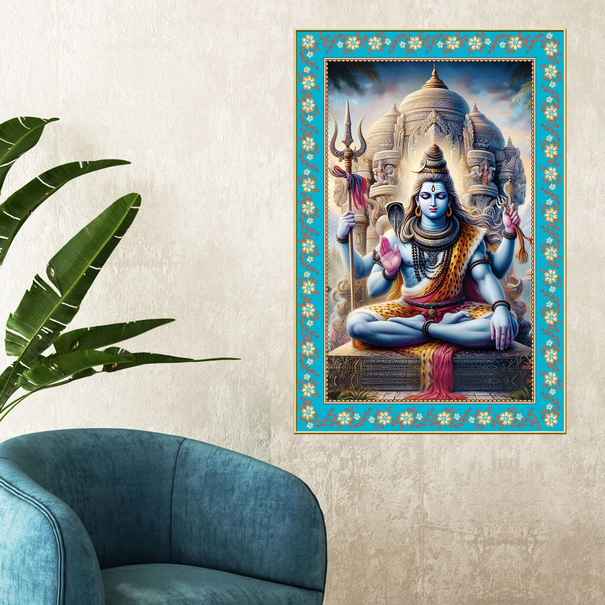 Lord Shankar Floral Border Vertical Canvas Wall Painting - Image 2