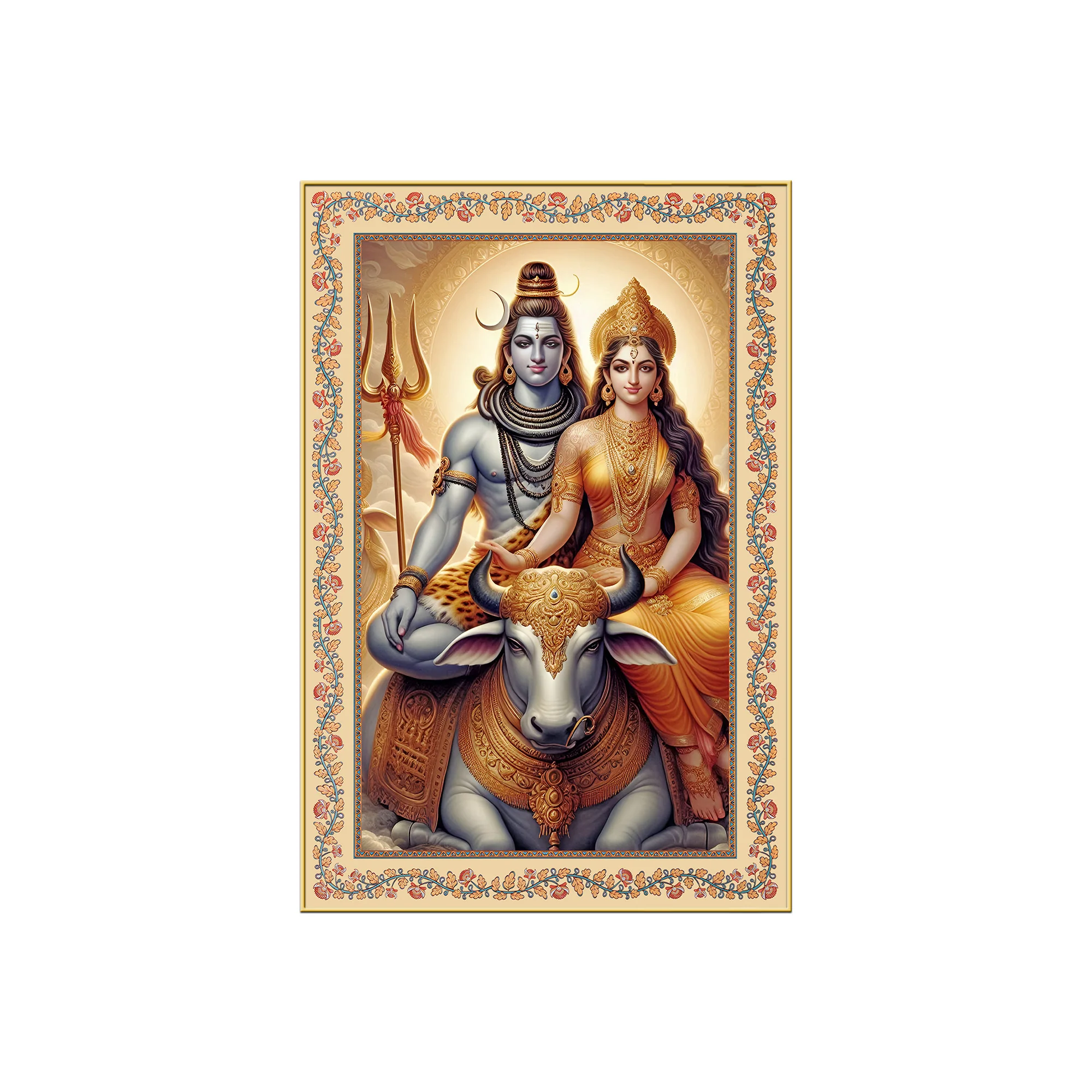 Lord Shiv with Parvati Floral Border Vertical Canvas Wall Painting - Image 4