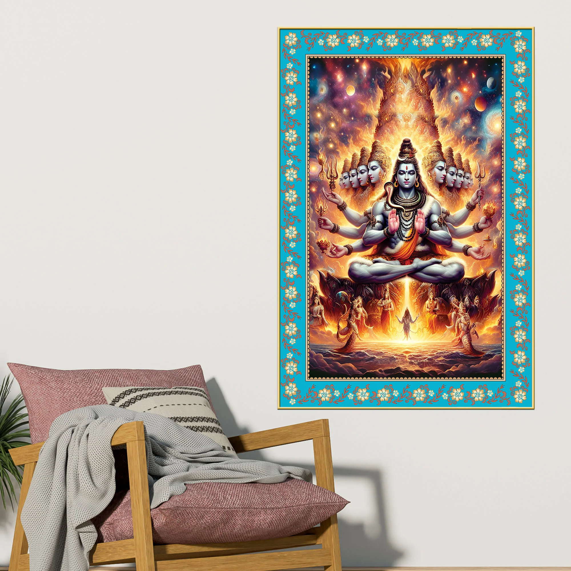 Lord Shiva in Cosmic Meditation Floral Border Vertical Wall Painting - Image 3