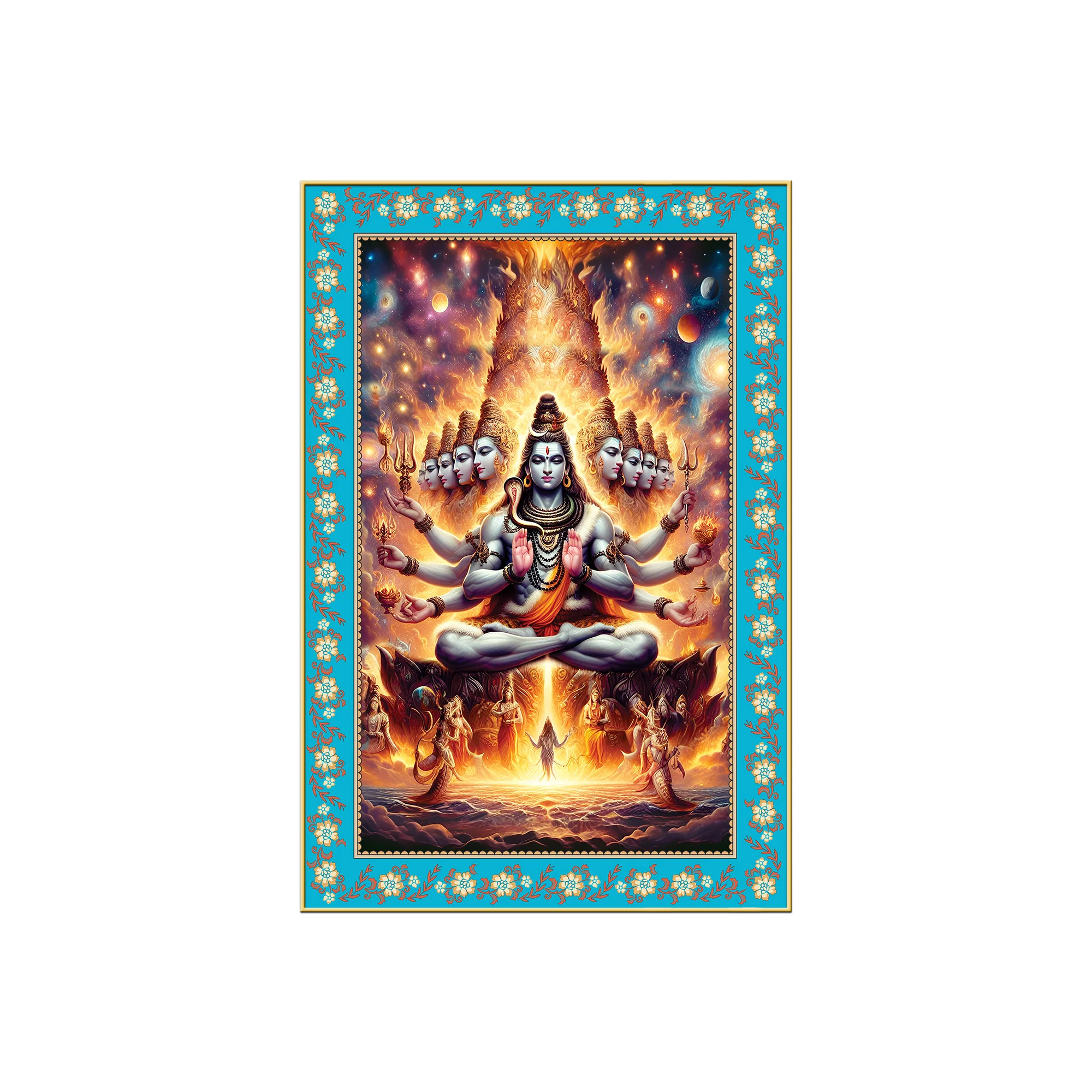 Lord Shiva in Cosmic Meditation Floral Border Vertical Wall Painting - Image 4