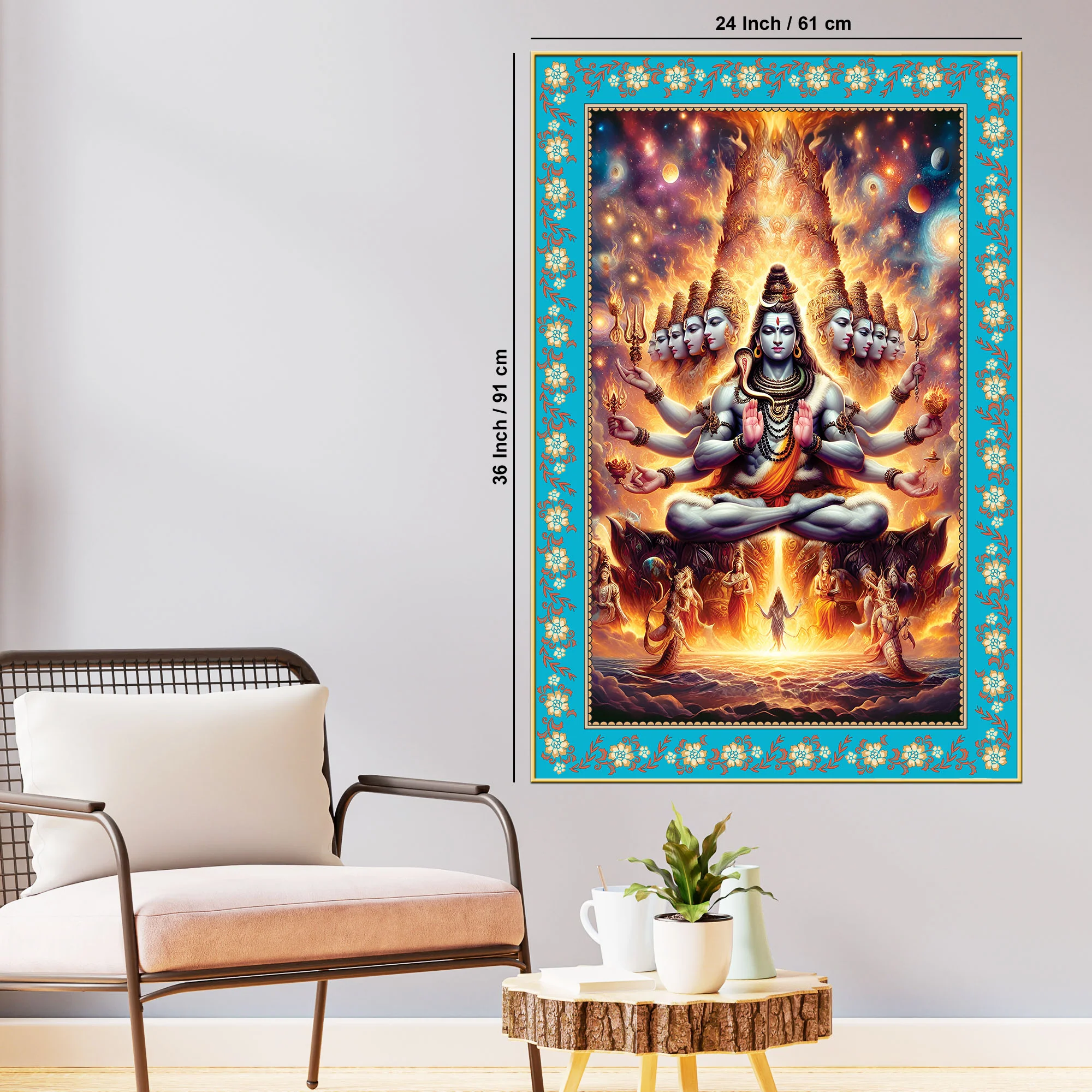 Lord Shiva in Cosmic Meditation Floral Border Vertical Wall Painting - Image 6