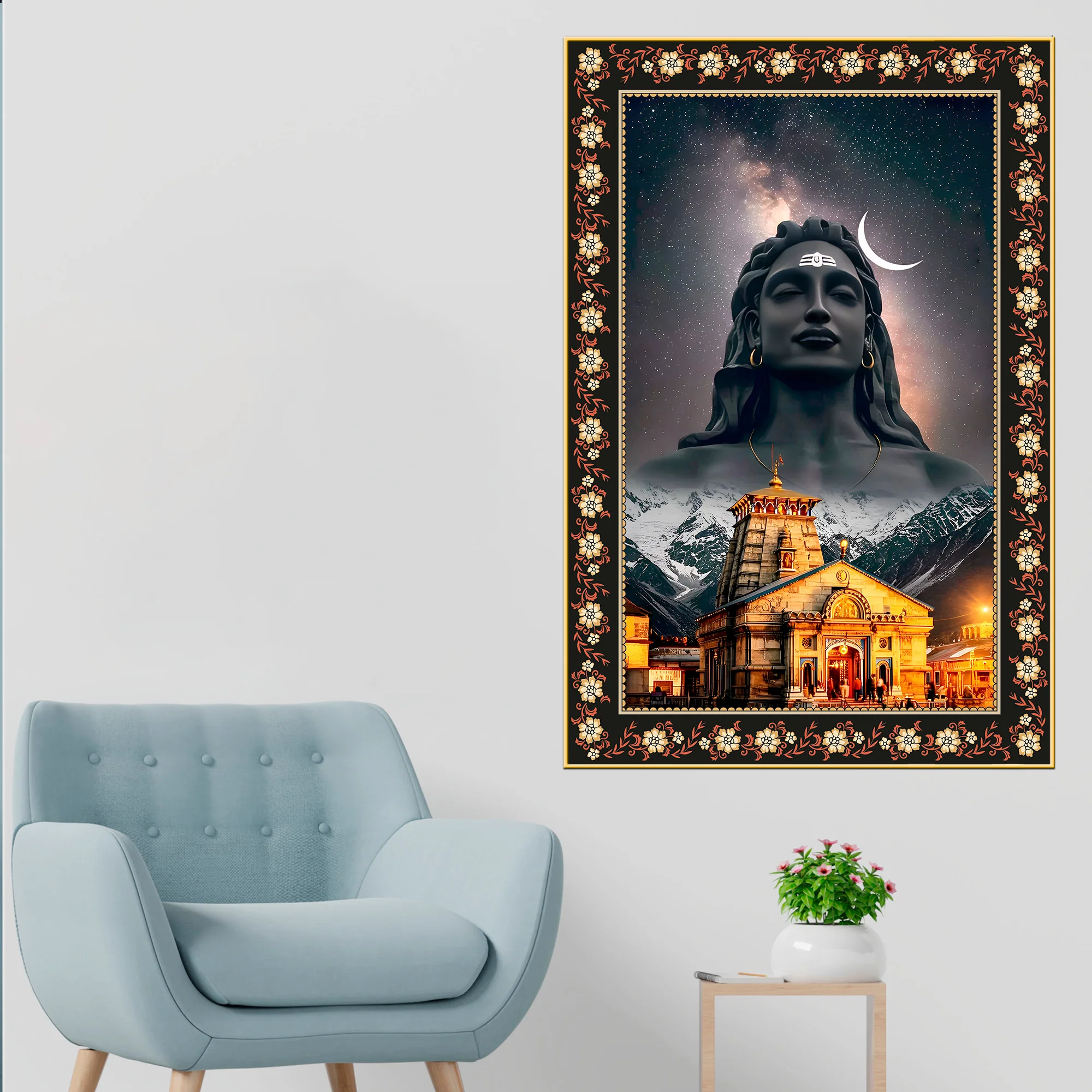 Lord Shiva in Kedarnath Temple Floral Border Vertical Wall Painting - Image 2