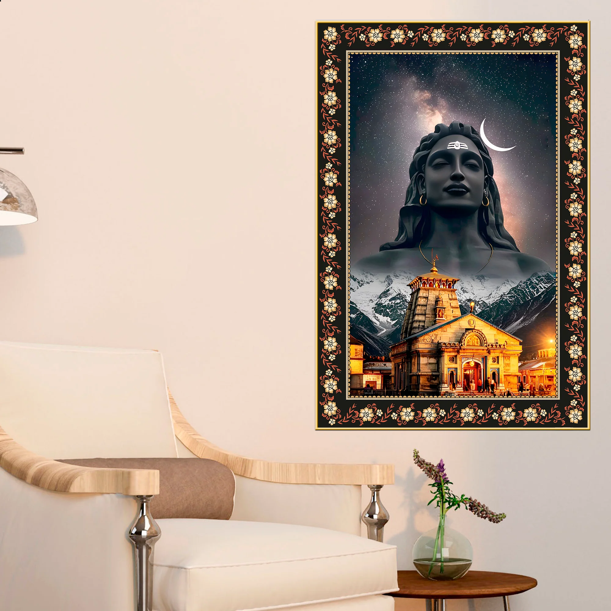 Lord Shiva in Kedarnath Temple Floral Border Vertical Wall Painting - Image 3