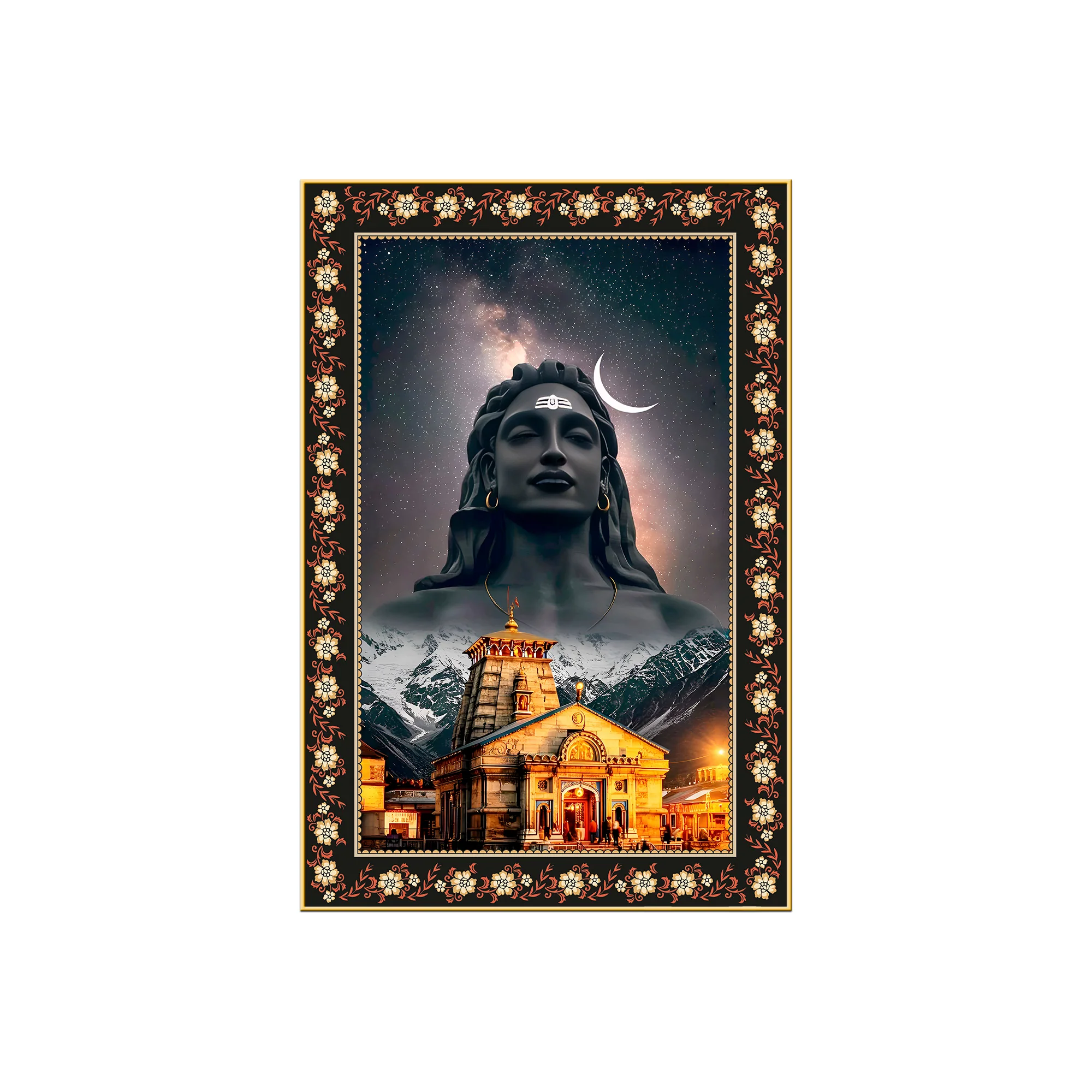 Lord Shiva in Kedarnath Temple Floral Border Vertical Wall Painting - Image 4