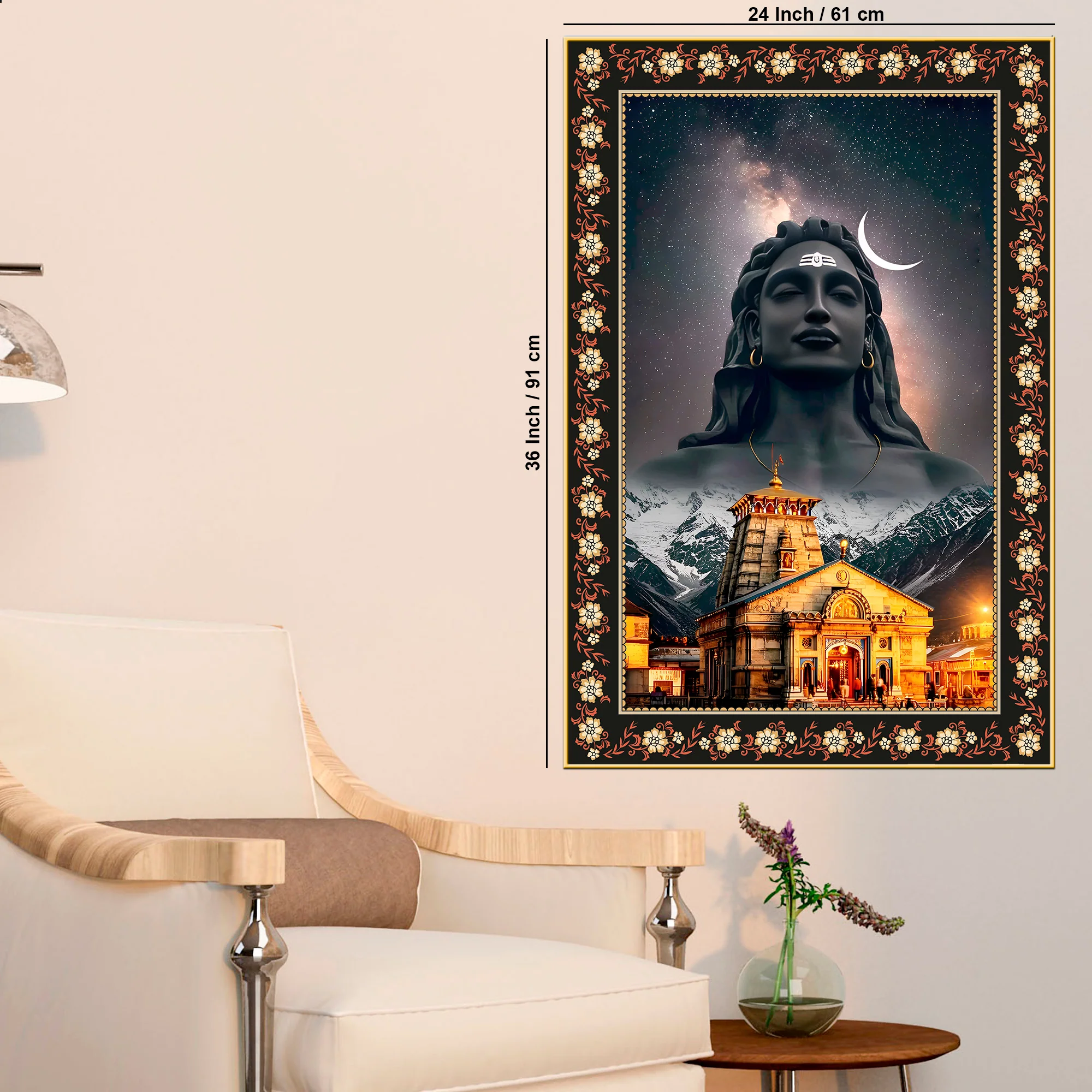 Lord Shiva in Kedarnath Temple Floral Border Vertical Wall Painting - Image 6