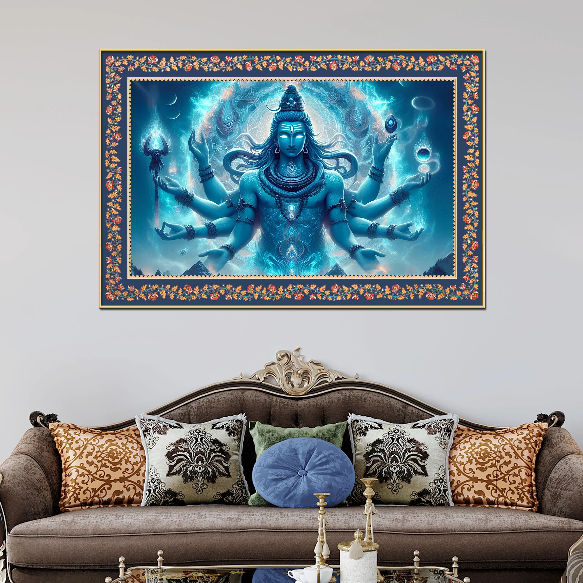 Lord Shiva Rudra Avatar Floral Border Canvas Wall Painting - Image 2