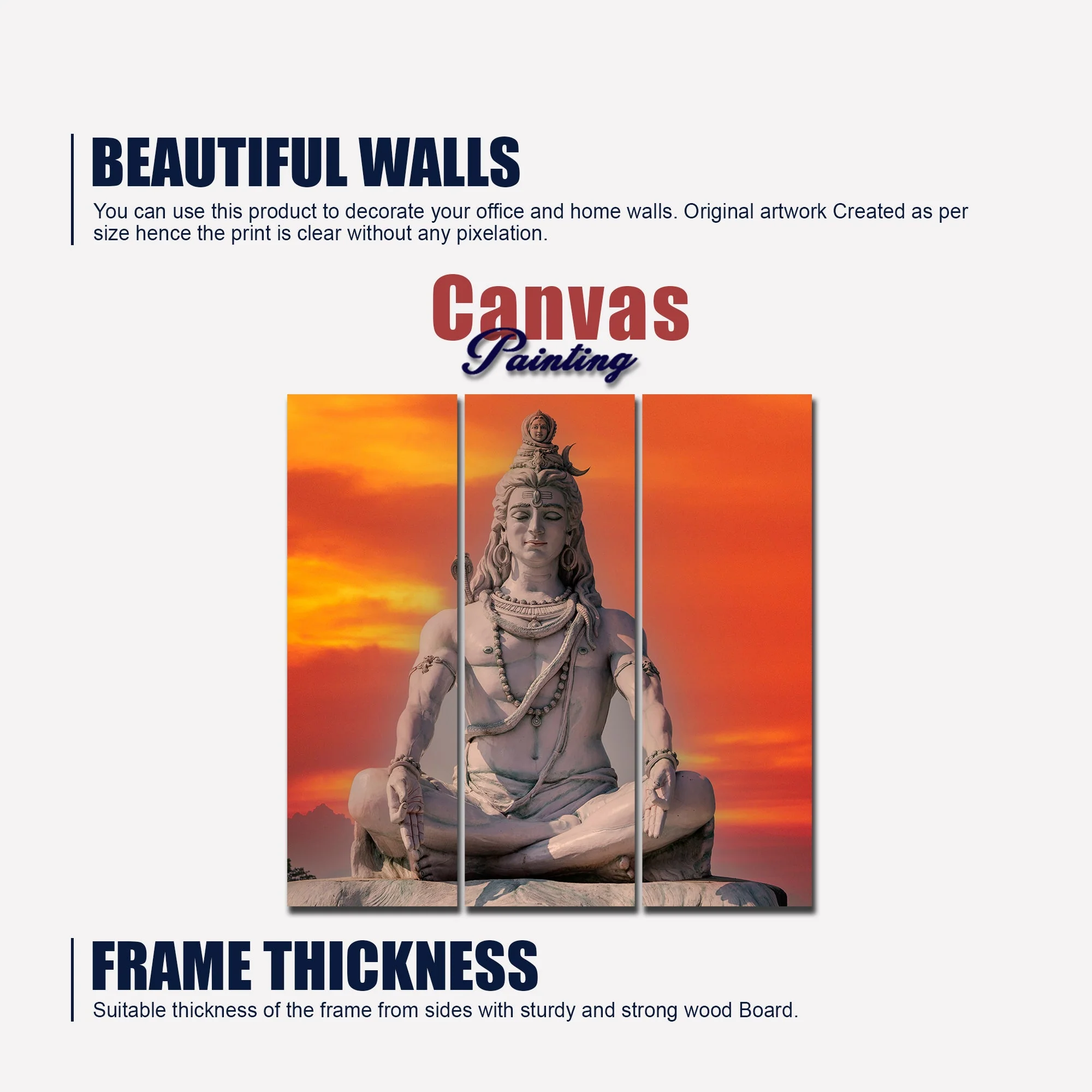 Lord Shiva Sculpture Canvas Wall Painting of Three Pieces - Image 6