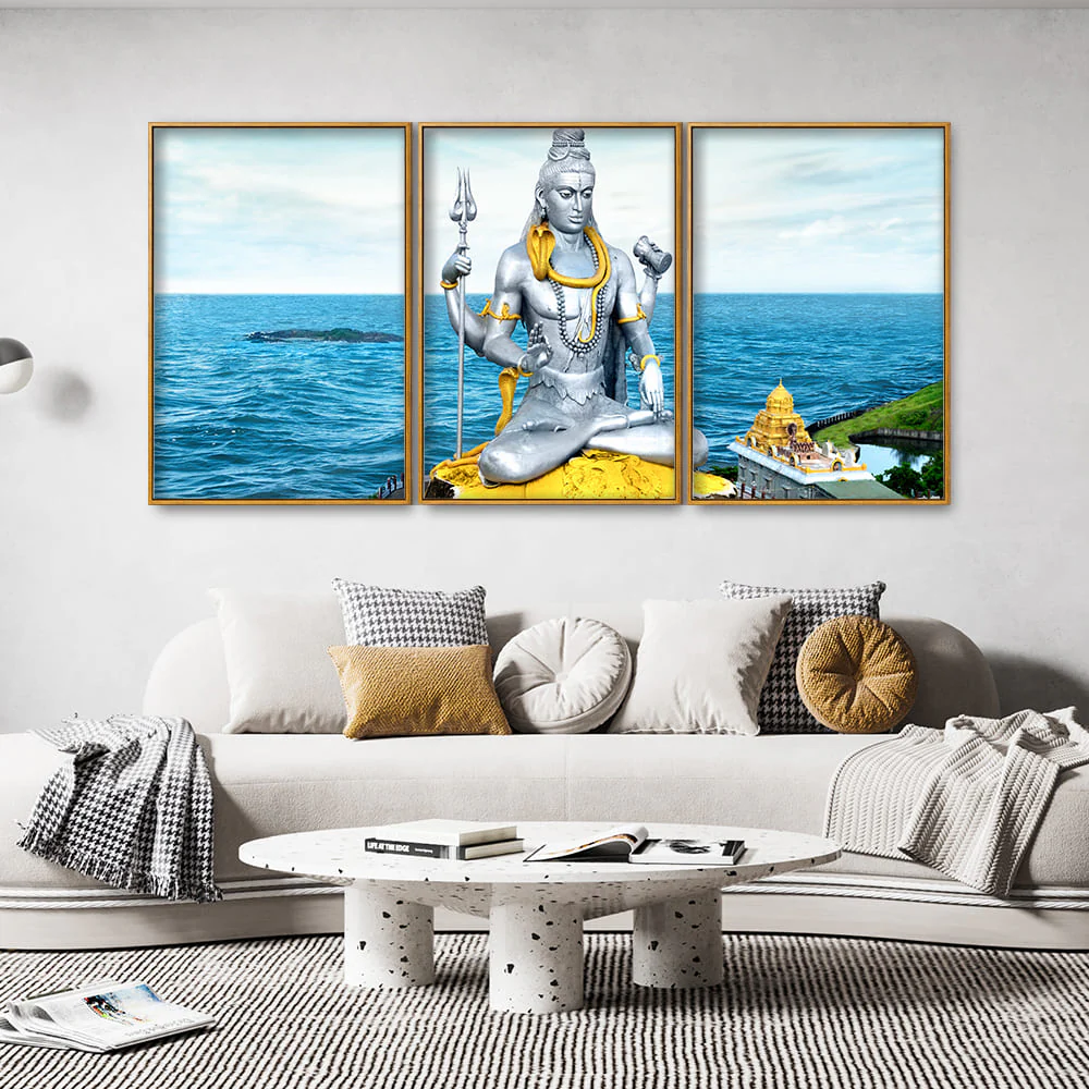 Lord Shiva Statue Floating Canvas Wall Painting Set of Three - Image 3
