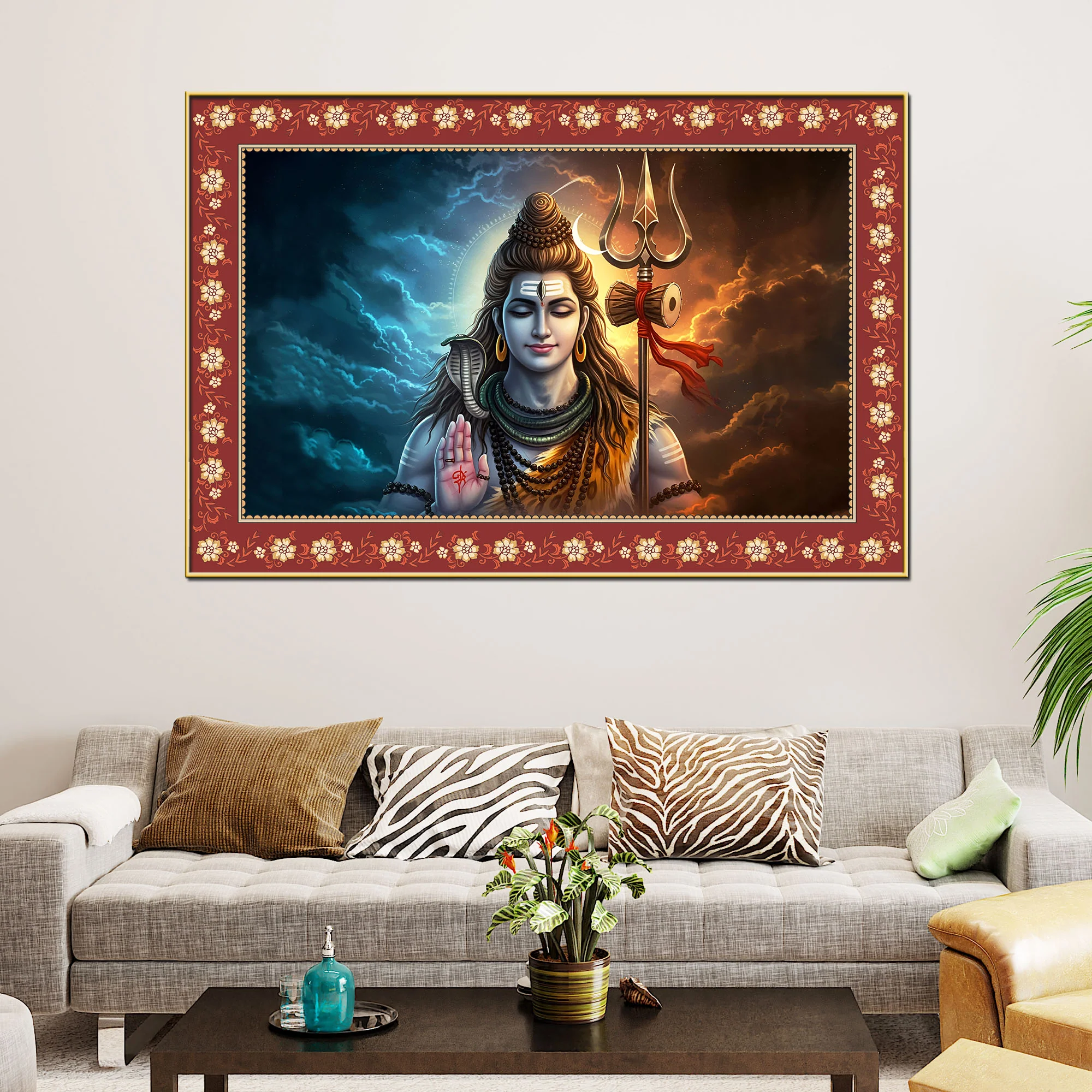 Lord Shiva with Holding Trishula Border Canvas Wall Painting