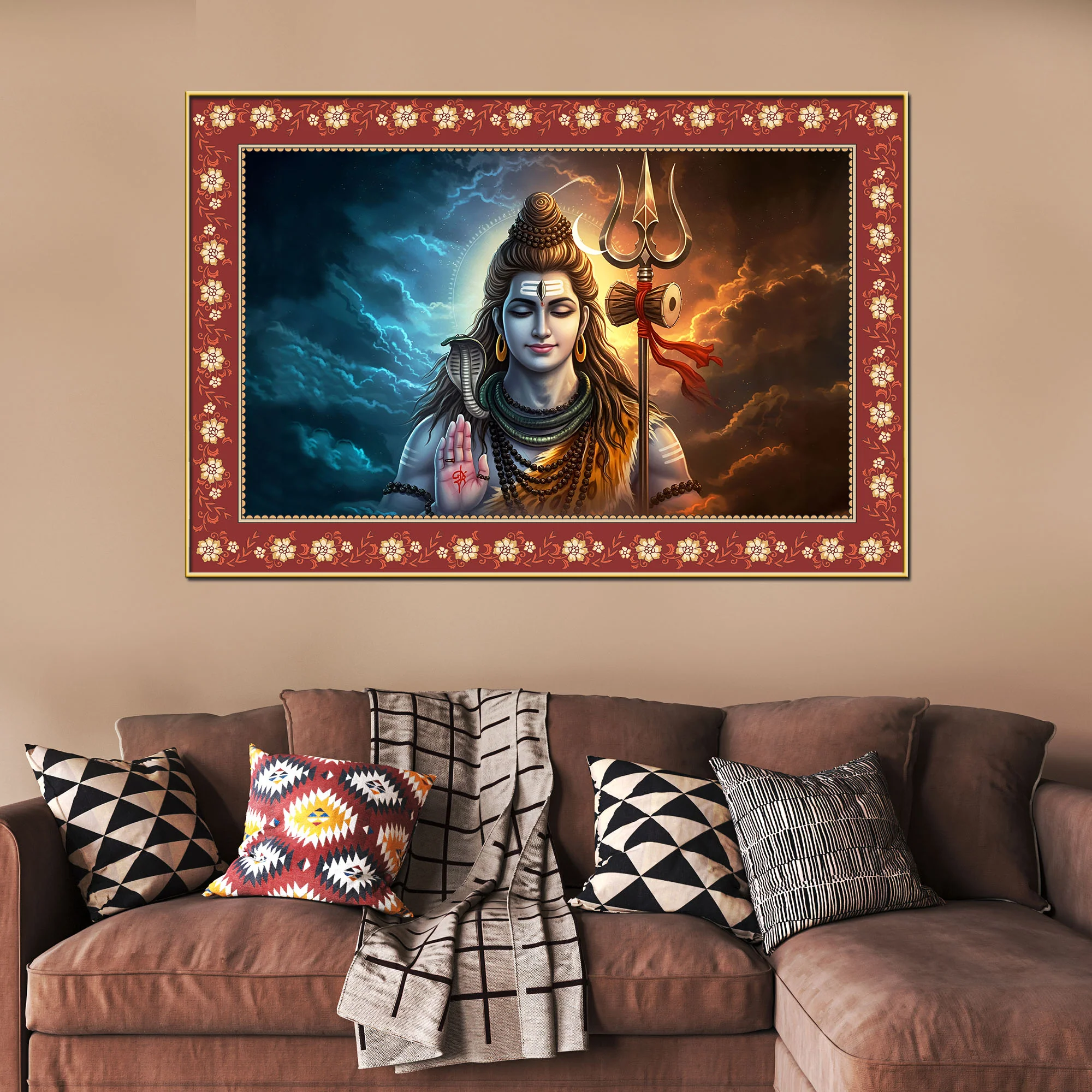Lord Shiva with Holding Trishula Border Canvas Wall Painting - Image 2