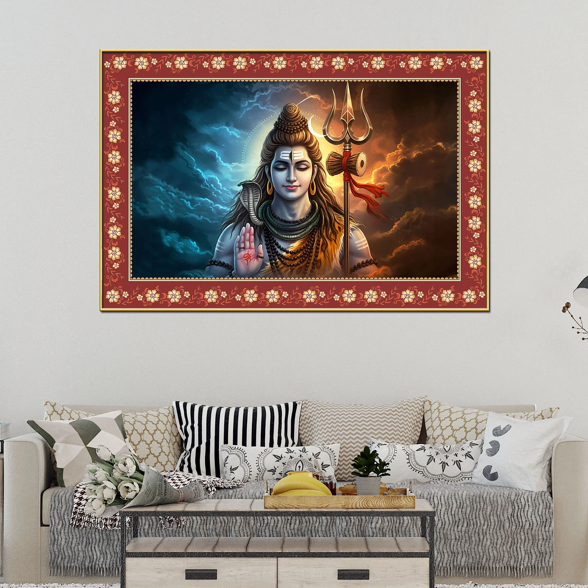 Lord Shiva with Holding Trishula Border Canvas Wall Painting - Image 3