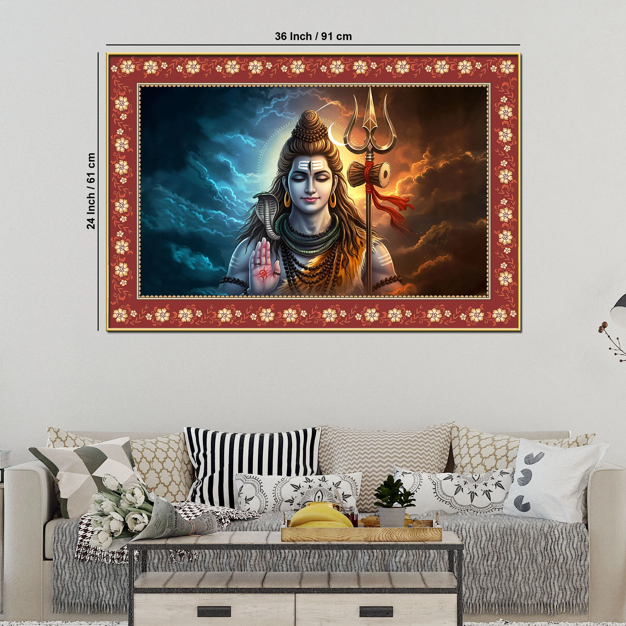 Lord Shiva with Holding Trishula Border Canvas Wall Painting - Image 6
