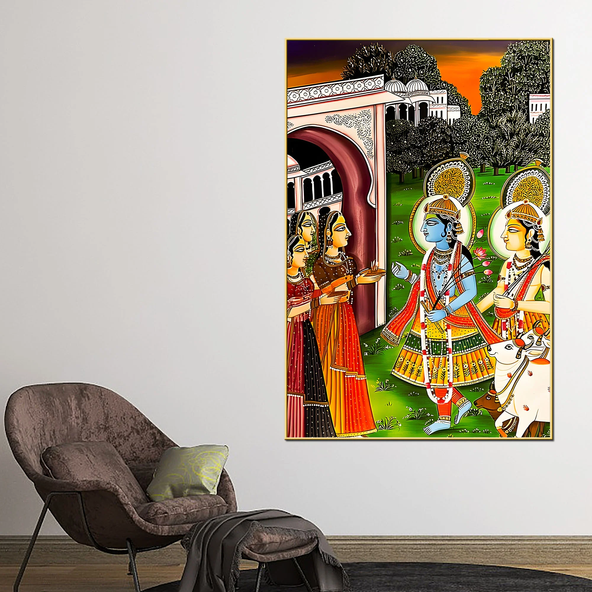 Lord Shree Krishna Balaram Darshan Palace Scene Canvas Wall Painting - Image 2