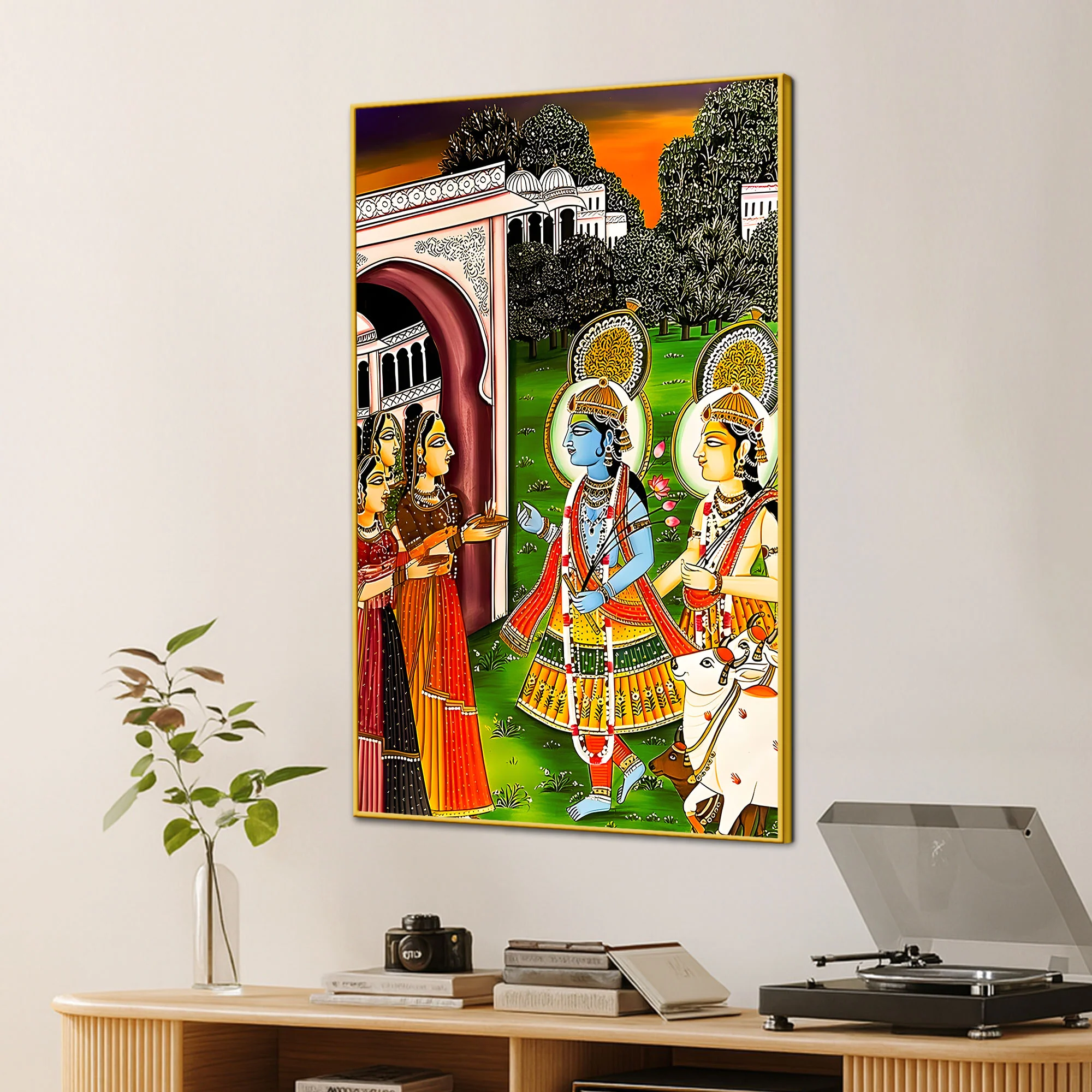 Lord Shree Krishna Balaram Darshan Palace Scene Canvas Wall Painting - Image 3