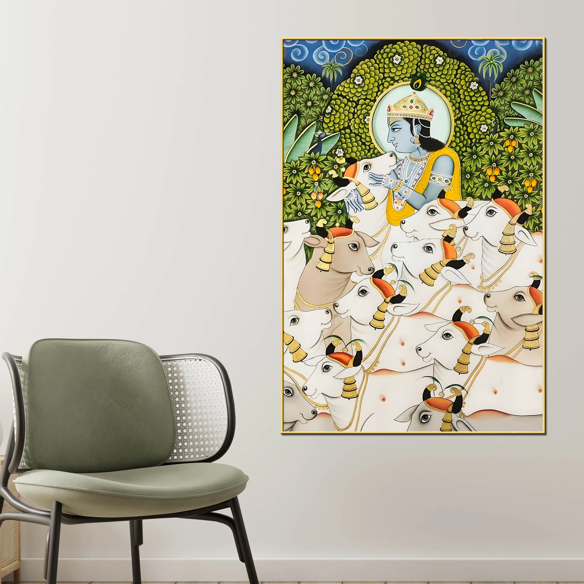 Lord Shree Krishna Gopala with Sacred Cows Canvas Wall Painting